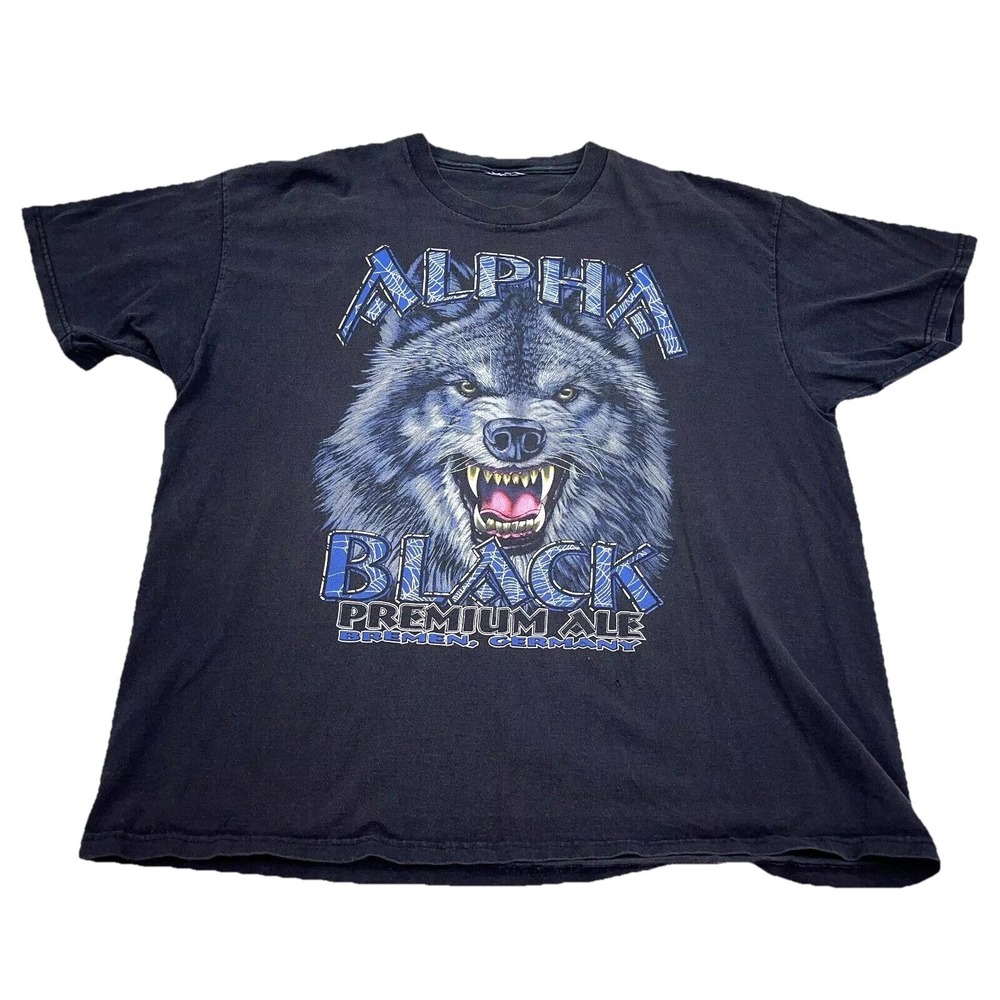 Vintage Alpha Black Shirt Men XL Nature Tee Premium Ale Beer Wolf Faded 90s Y2K